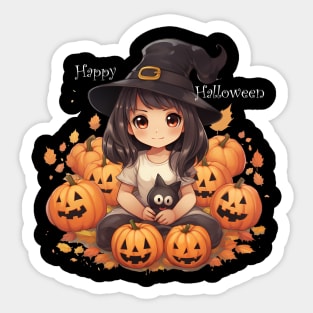 Cute little witch with black cat for Halloween. Sticker